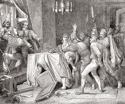 Jaroslav Brita of Martinice and Vilem Slavata of Chlum Thrown from the Window of the Palace in Prague During the Defenestration of Prague in 1618 by English School
